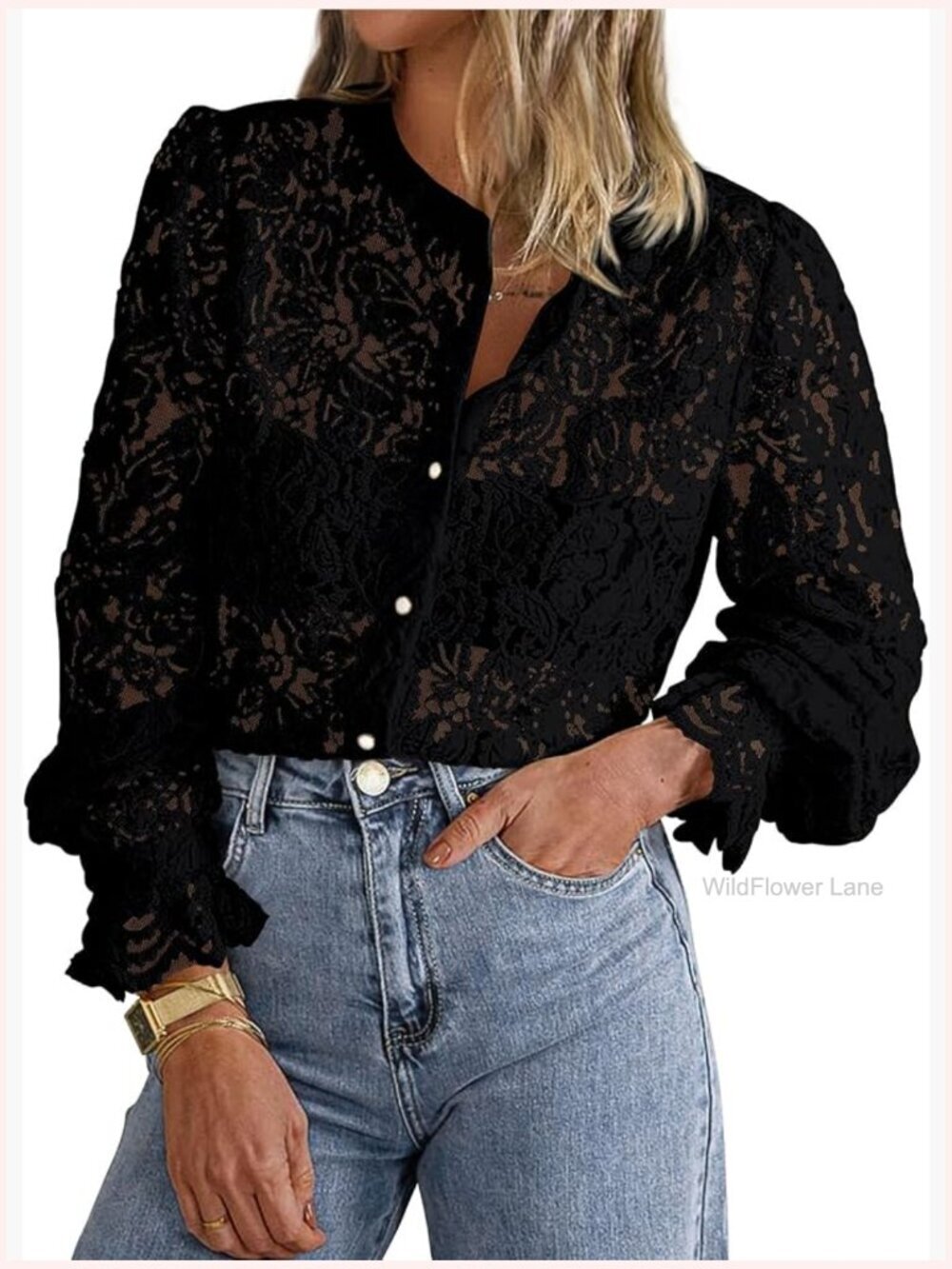 Women's Lace Button Down Blouse Long Sleeve Dressy Casual Top